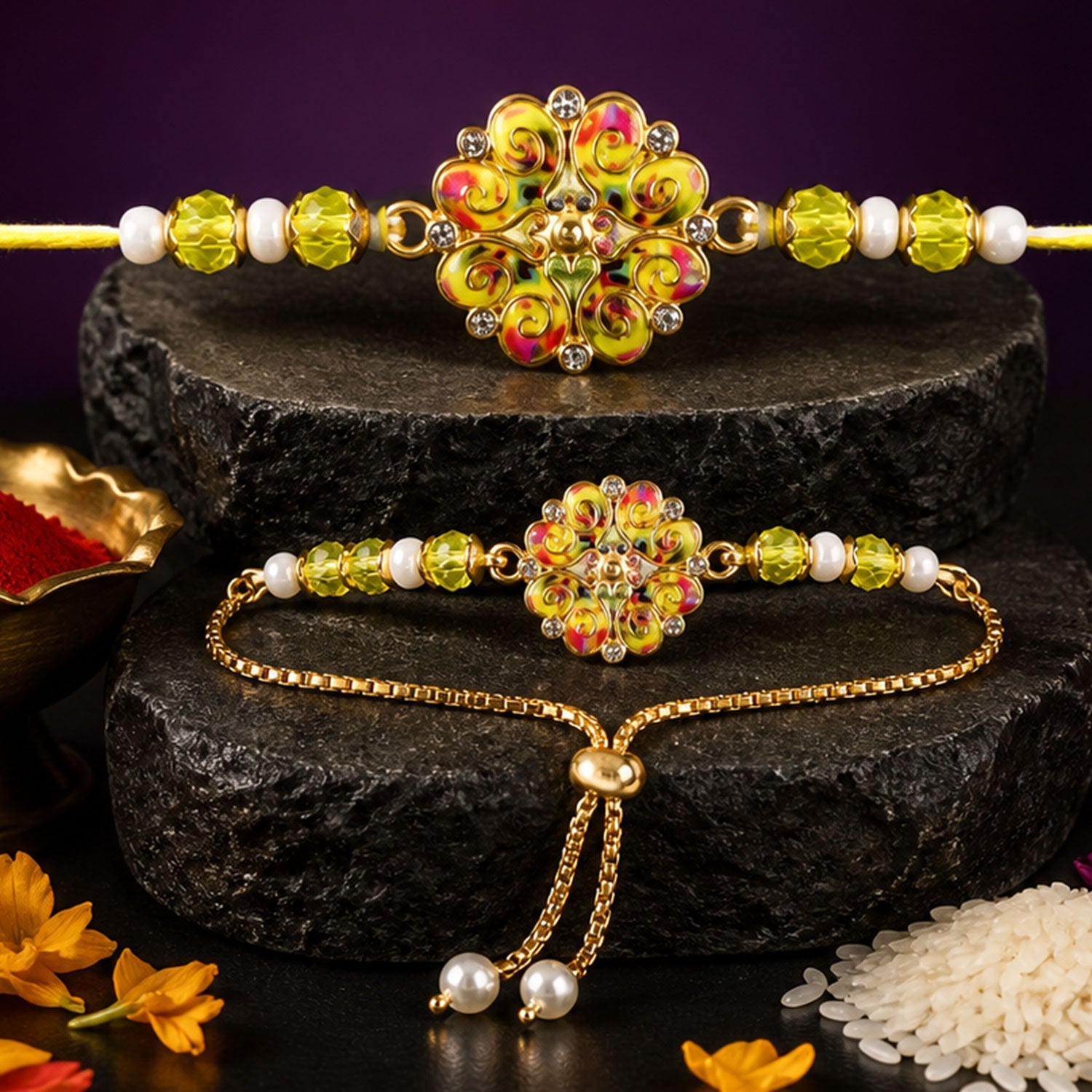 Premium Pearl Cluster Bhai Bhabhi Lumba Rakhi with Center Detail