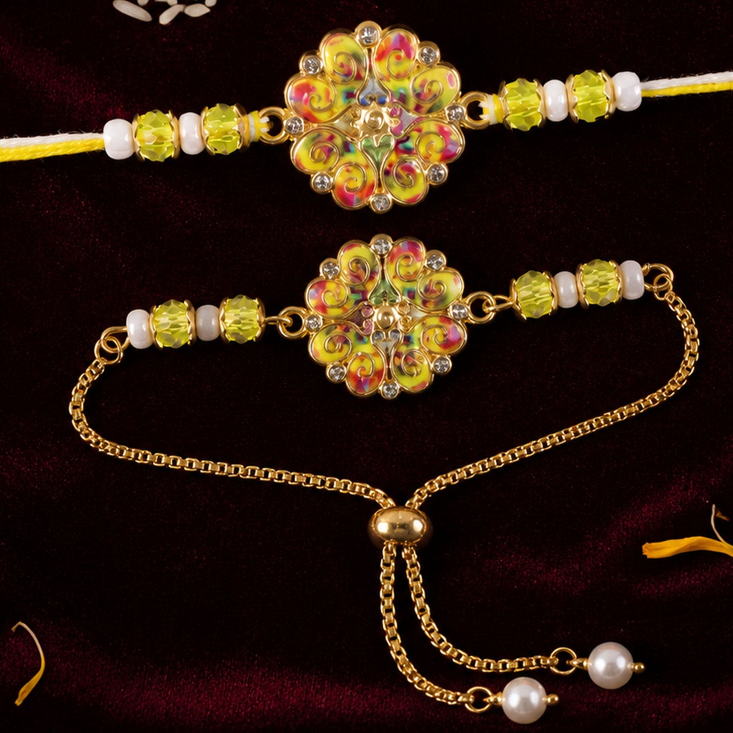 Premium Pearl Cluster Bhai Bhabhi Lumba Rakhi with Center Detail