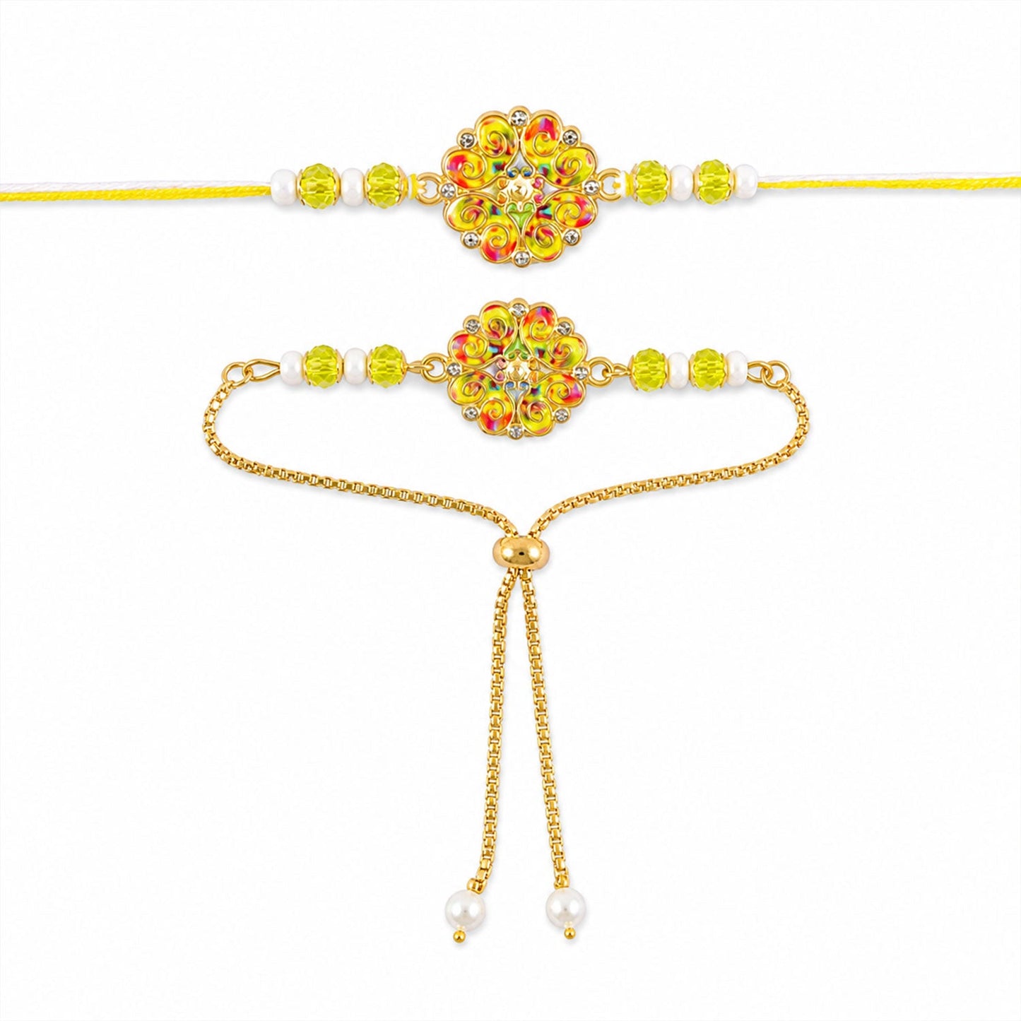 Premium Pearl Cluster Bhai Bhabhi Lumba Rakhi with Center Detail