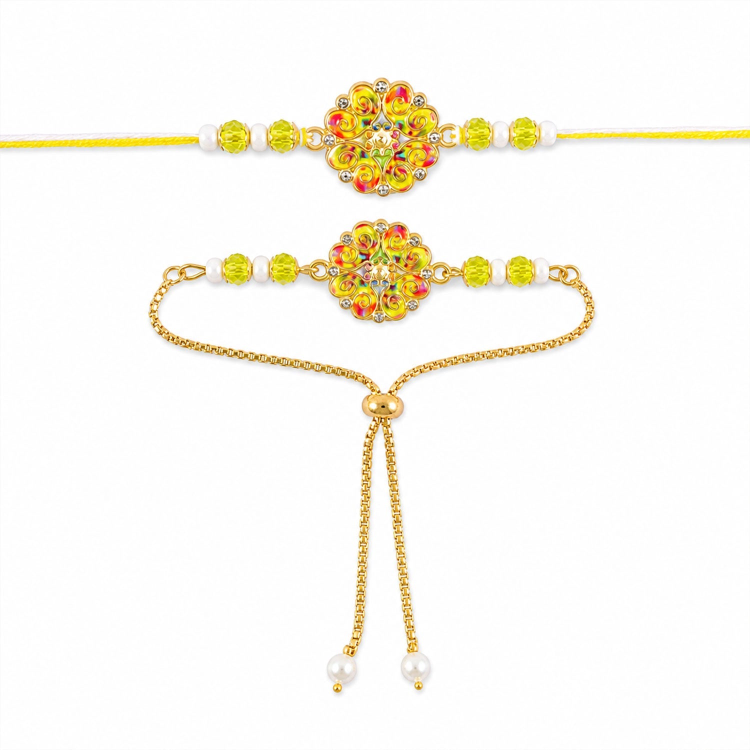 Premium Pearl Cluster Bhai Bhabhi Lumba Rakhi with Center Detail