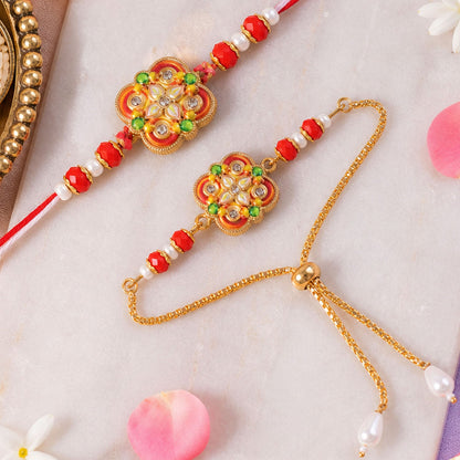 Premium Floral Kundan Bhai Bhabhi Lumba Rakhi with Pearl Accent