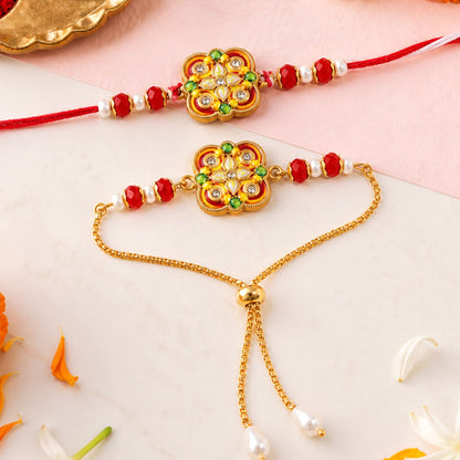 Premium Floral Kundan Bhai Bhabhi Lumba Rakhi with Pearl Accent