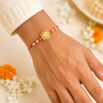 Premium Floral Kundan Bhai Bhabhi Lumba Rakhi with Pearl Accent