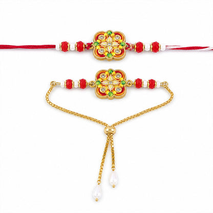 Premium Floral Kundan Bhai Bhabhi Lumba Rakhi with Pearl Accent