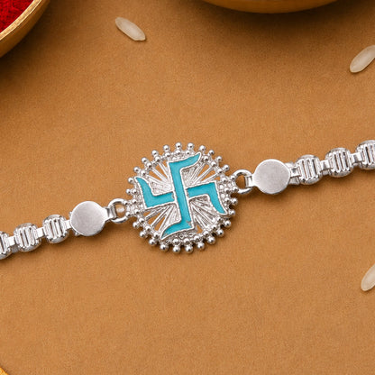 Round Silver Swastik Turquoise Enamel Studded Chain Rakhi