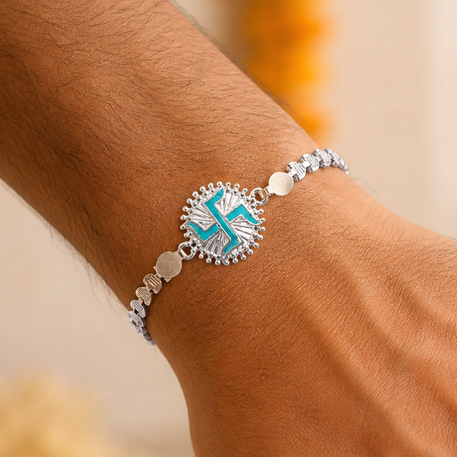 Round Silver Swastik Turquoise Enamel Studded Chain Rakhi