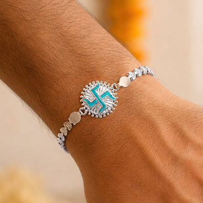 Round Silver Swastik Turquoise Enamel Studded Chain Rakhi