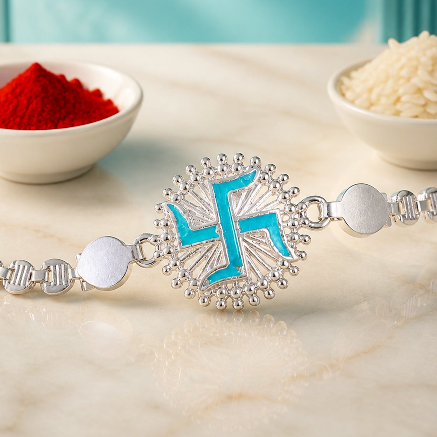 Round Silver Swastik Turquoise Enamel Studded Chain Rakhi