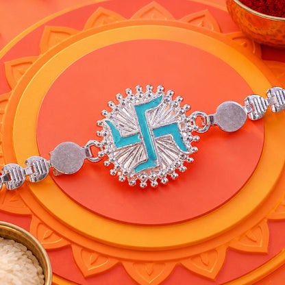 Round Silver Swastik Turquoise Enamel Studded Chain Rakhi