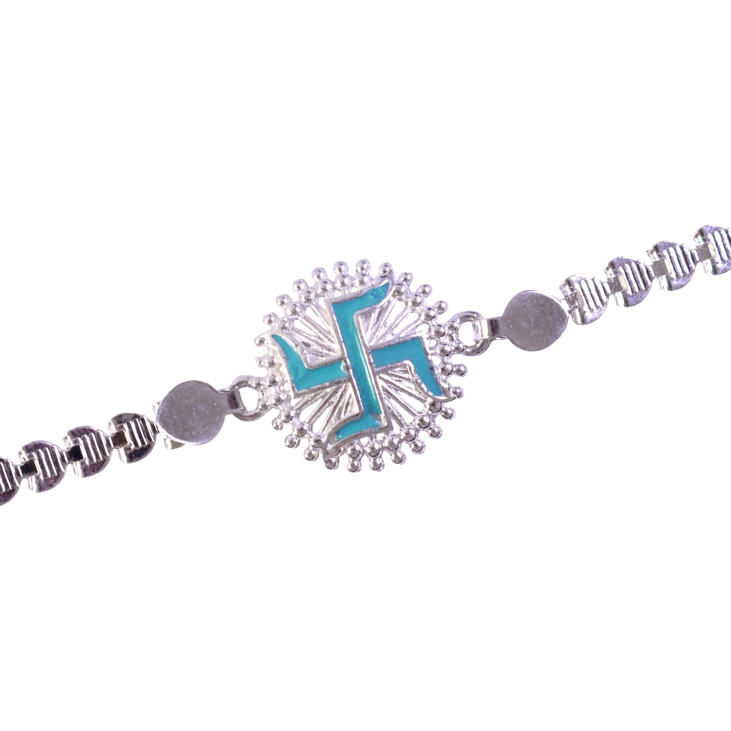Round Silver Swastik Turquoise Enamel Studded Chain Rakhi