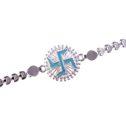 Round Silver Swastik Turquoise Enamel Studded Chain Rakhi
