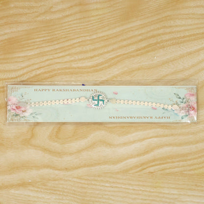Round Silver Swastik Turquoise Enamel Studded Chain Rakhi