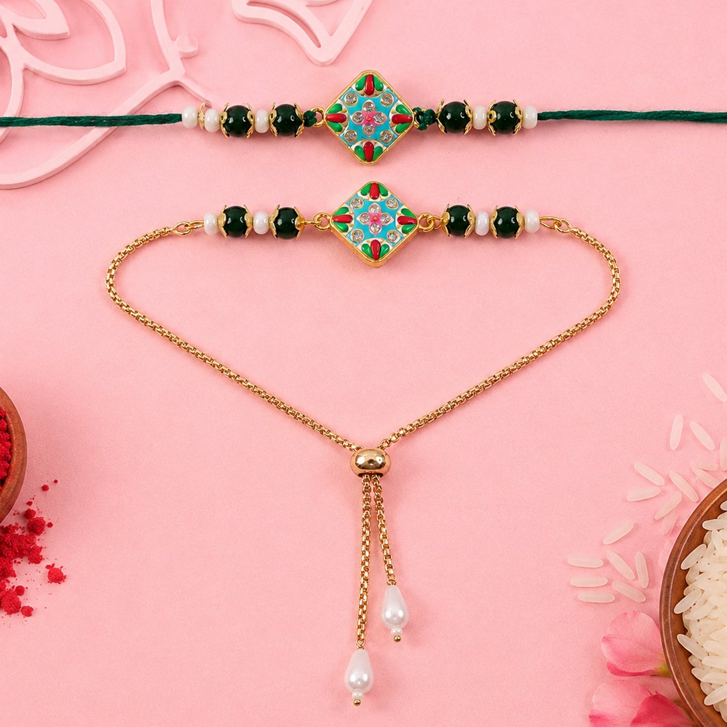 Diamond Meenakari Kundan Pearl Beads Bhai Bhabhi Rakhi Lumba Set