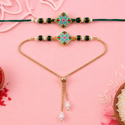 Diamond Meenakari Kundan Pearl Beads Bhai Bhabhi Rakhi Lumba Set