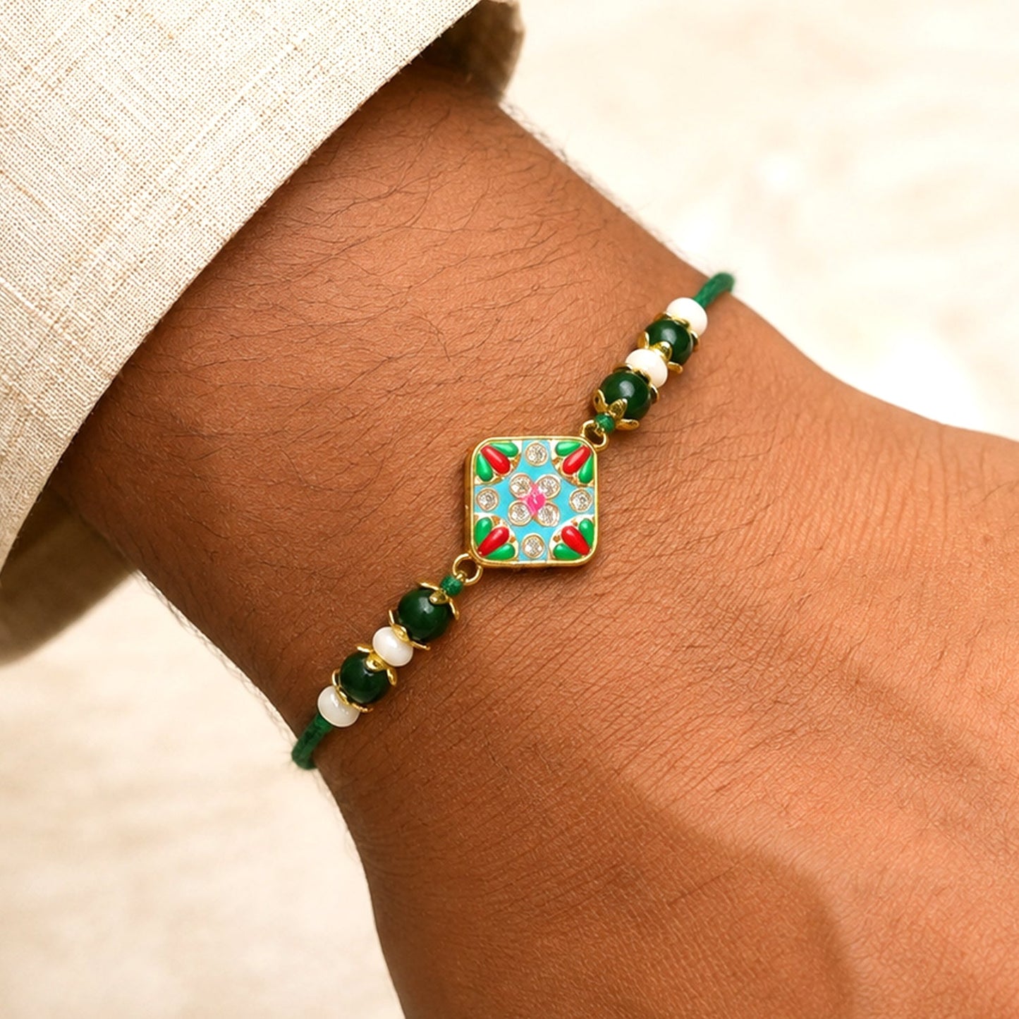 Diamond Meenakari Kundan Pearl Beads Bhai Bhabhi Rakhi Lumba Set