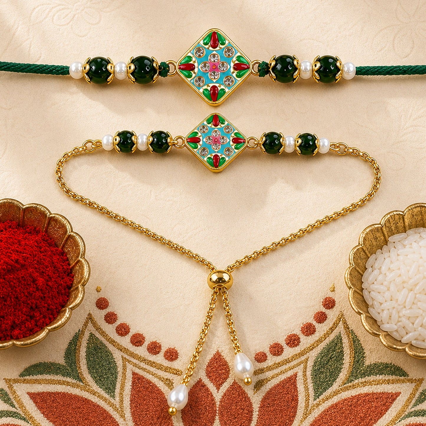 Diamond Meenakari Kundan Pearl Beads Bhai Bhabhi Rakhi Lumba Set