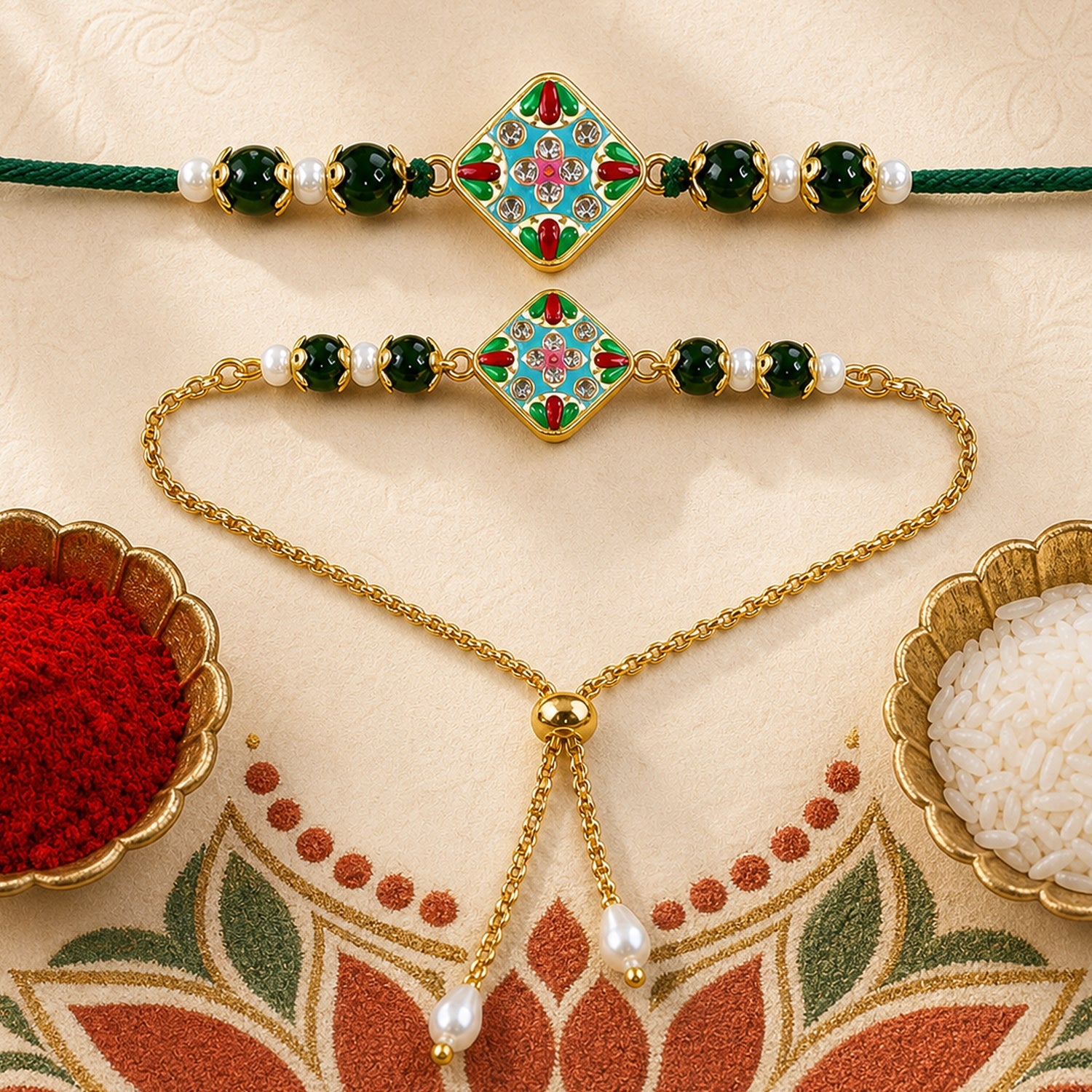 Diamond Meenakari Kundan Pearl Beads Bhai Bhabhi Rakhi Lumba Set