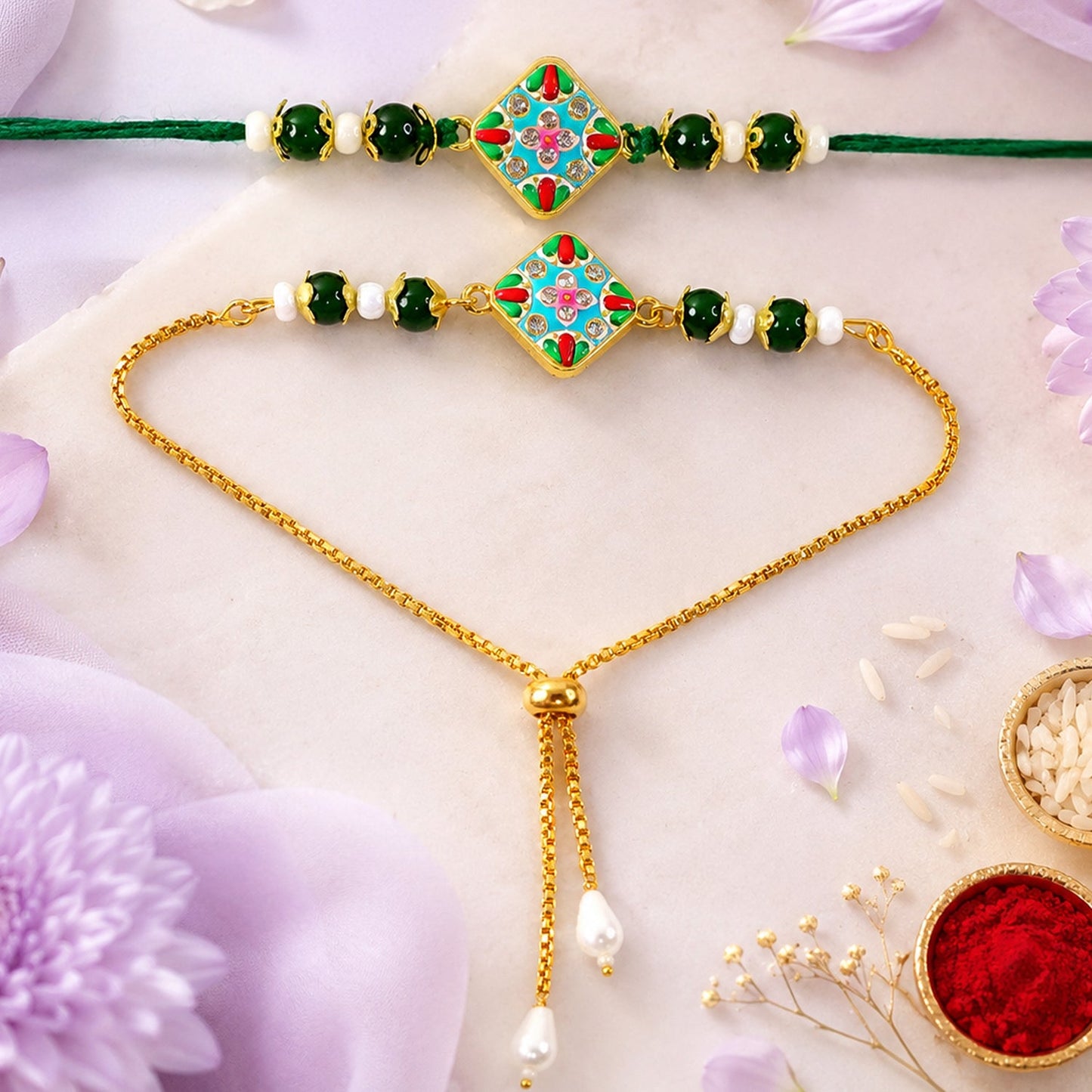 Diamond Meenakari Kundan Pearl Beads Bhai Bhabhi Rakhi Lumba Set