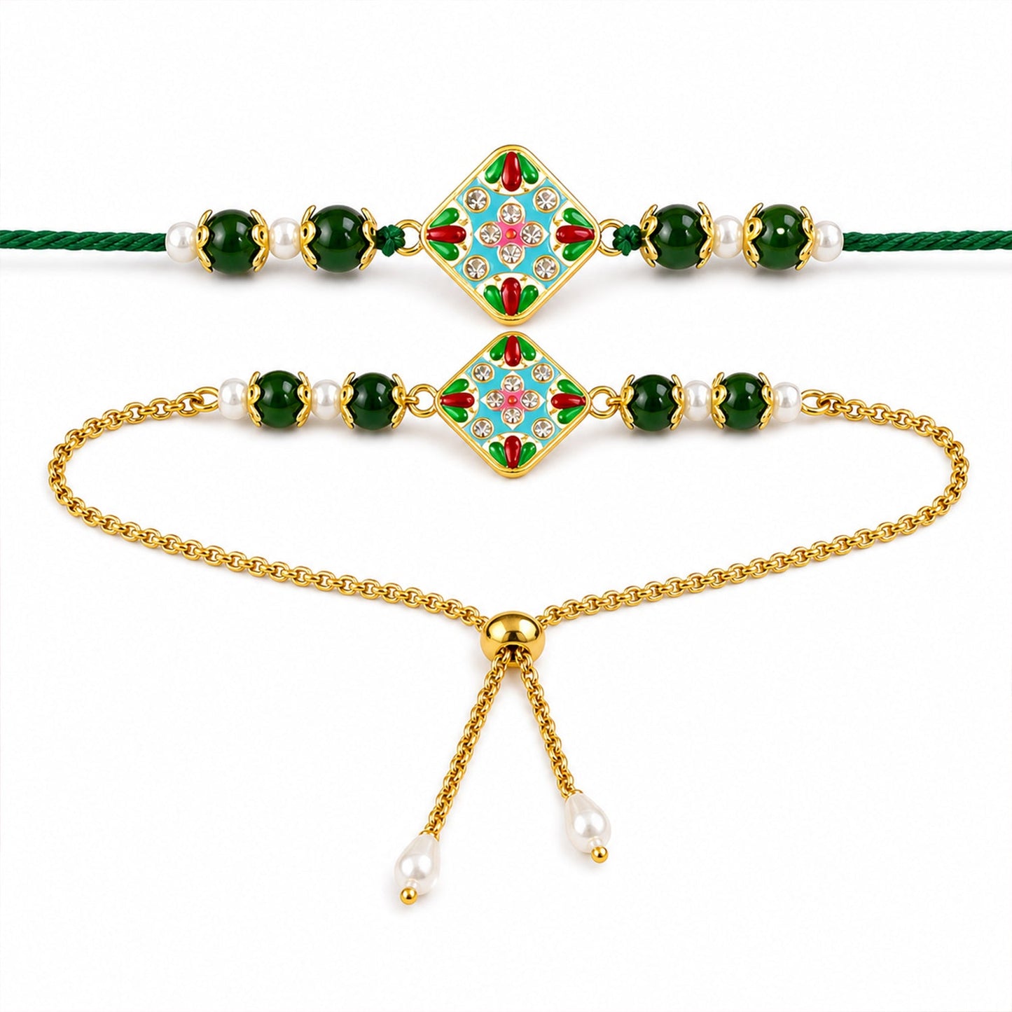 Diamond Meenakari Kundan Pearl Beads Bhai Bhabhi Rakhi Lumba Set