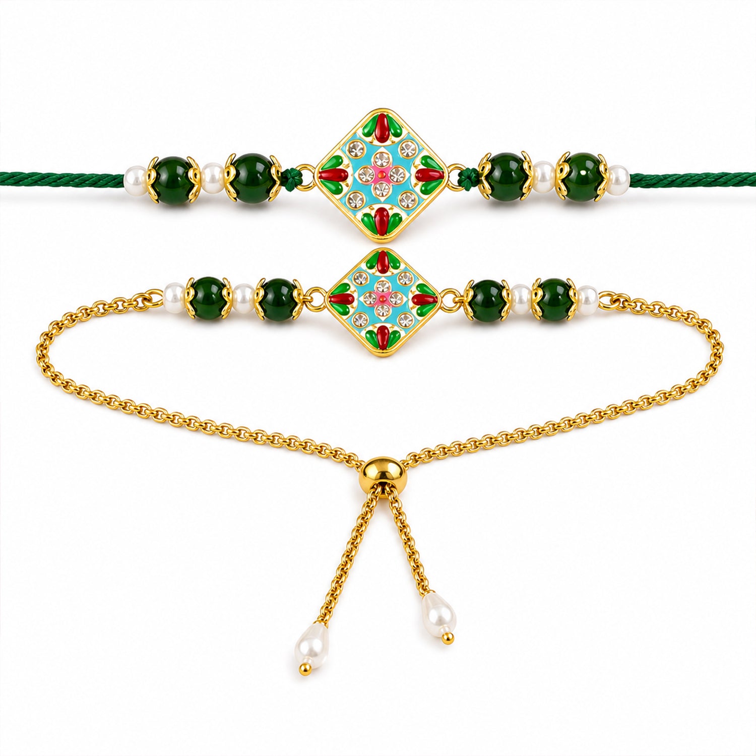 Diamond Meenakari Kundan Pearl Beads Bhai Bhabhi Rakhi Lumba Set