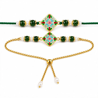 Diamond Meenakari Kundan Pearl Beads Bhai Bhabhi Rakhi Lumba Set