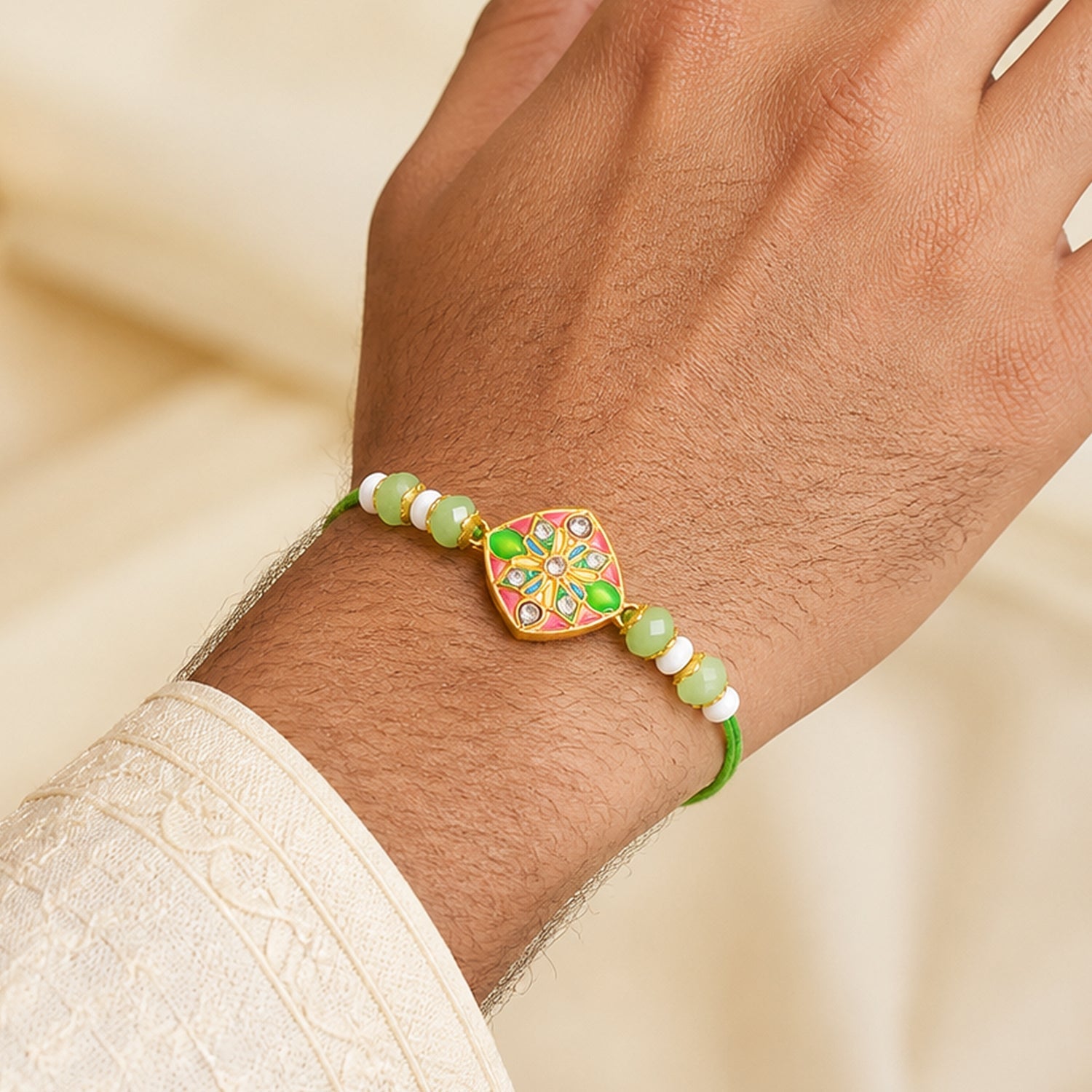 Premium Diamond Meenakari Kundan Floral Beads Bhai Bhabhi Rakhi Lumba Set