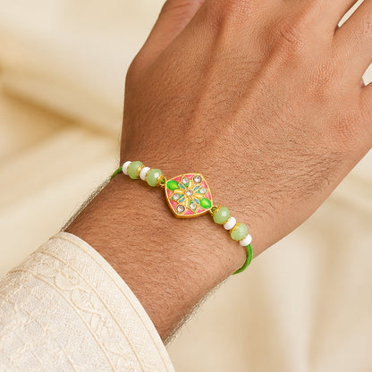 Premium Diamond Meenakari Kundan Floral Beads Bhai Bhabhi Rakhi Lumba Set