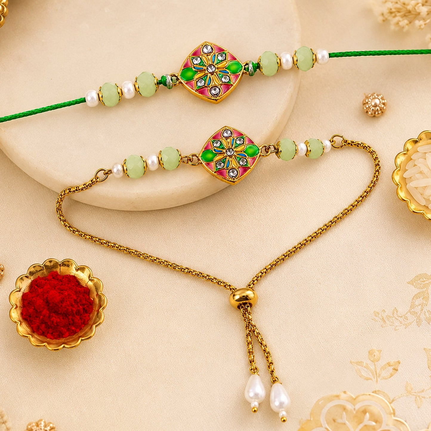 Premium Diamond Meenakari Kundan Floral Beads Bhai Bhabhi Rakhi Lumba Set