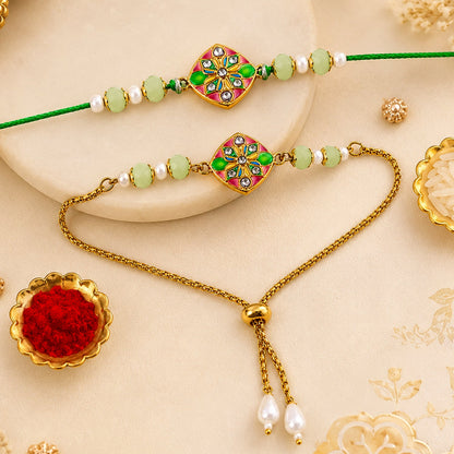 Premium Diamond Meenakari Kundan Floral Beads Bhai Bhabhi Rakhi Lumba Set
