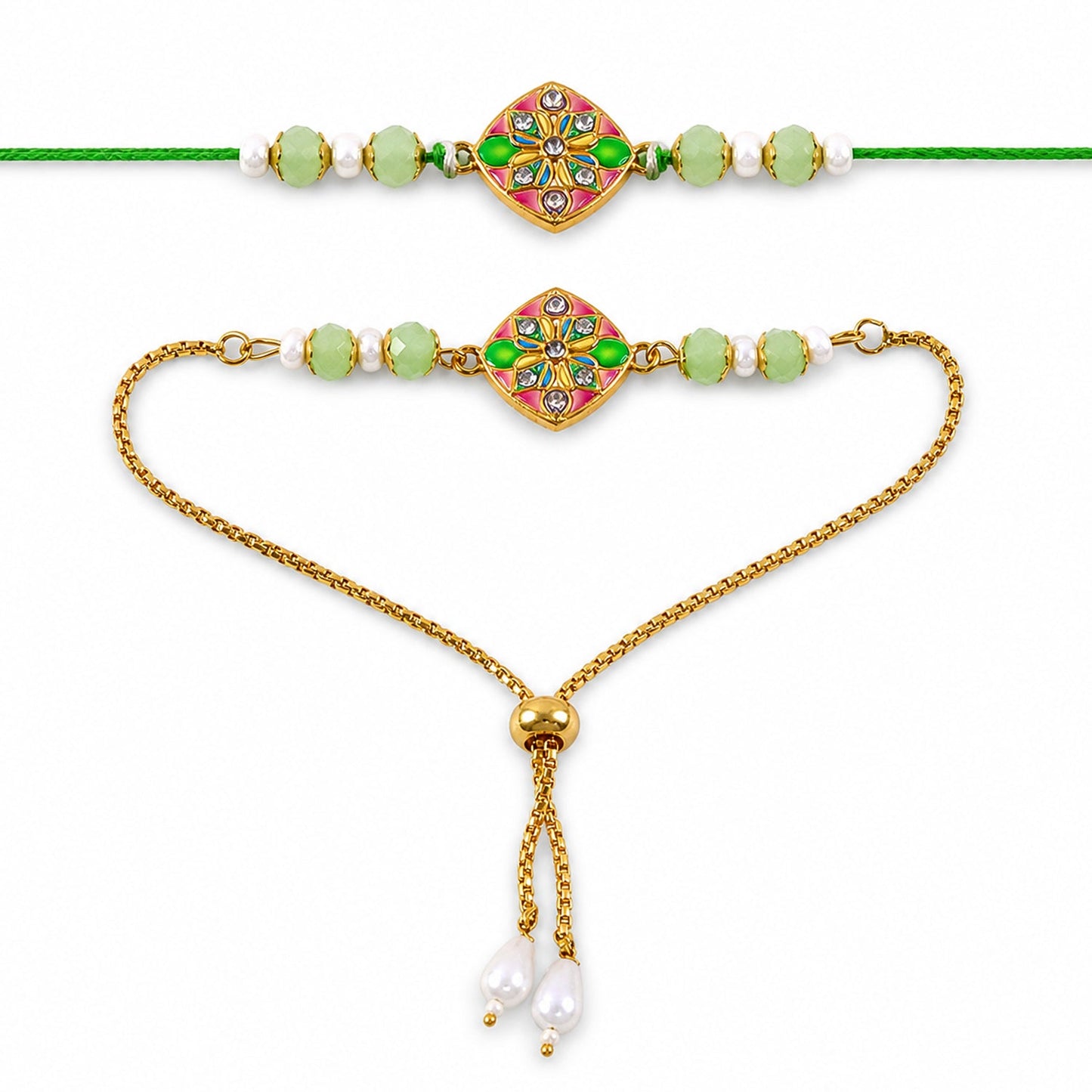 Premium Diamond Meenakari Kundan Floral Beads Bhai Bhabhi Rakhi Lumba Set
