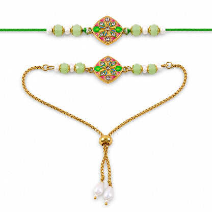 Premium Diamond Meenakari Kundan Floral Beads Bhai Bhabhi Rakhi Lumba Set