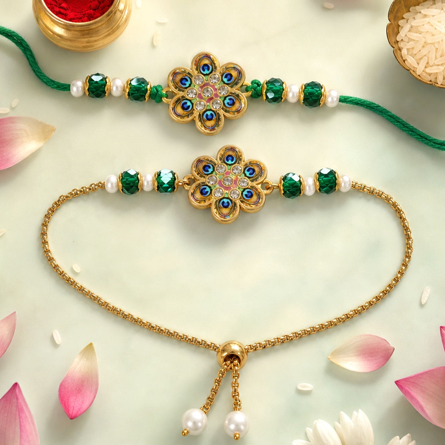 Peacock Floral Enamel Crystal Stylish Beads Bhai Bhabhi Rakhi Lumba Set