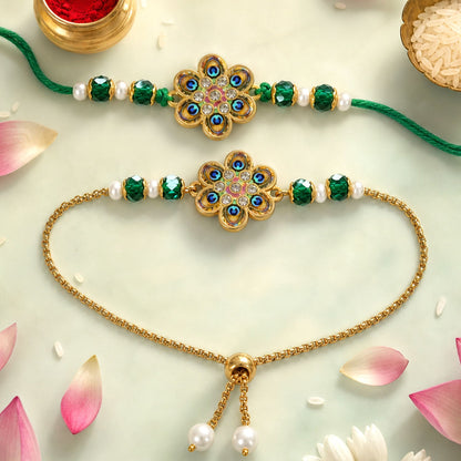 Peacock Floral Enamel Crystal Stylish Beads Bhai Bhabhi Rakhi Lumba Set