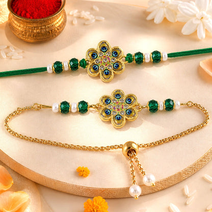 Peacock Floral Enamel Crystal Stylish Beads Bhai Bhabhi Rakhi Lumba Set