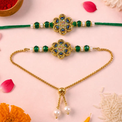 Peacock Floral Enamel Crystal Stylish Beads Bhai Bhabhi Rakhi Lumba Set