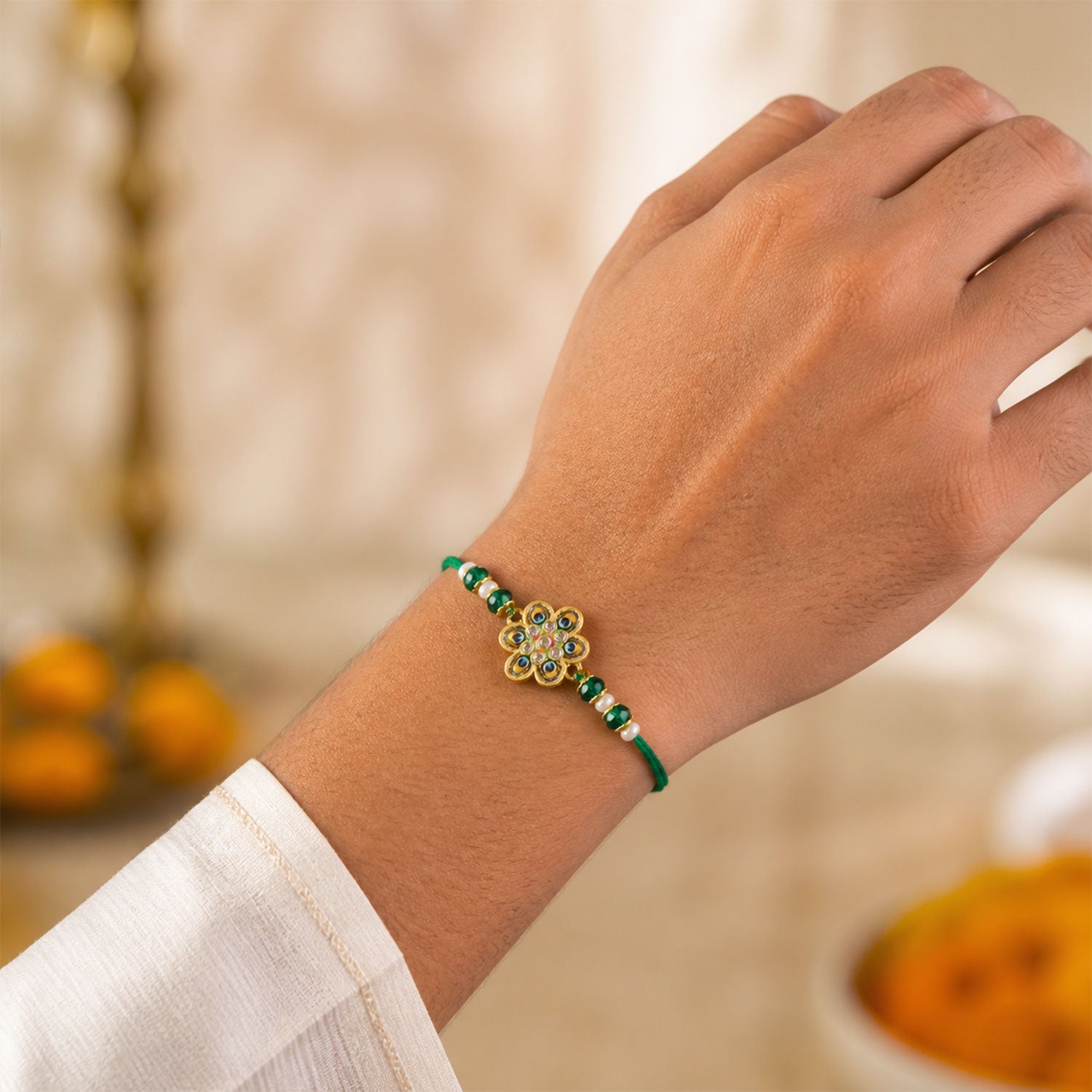 Peacock Floral Enamel Crystal Stylish Beads Bhai Bhabhi Rakhi Lumba Set