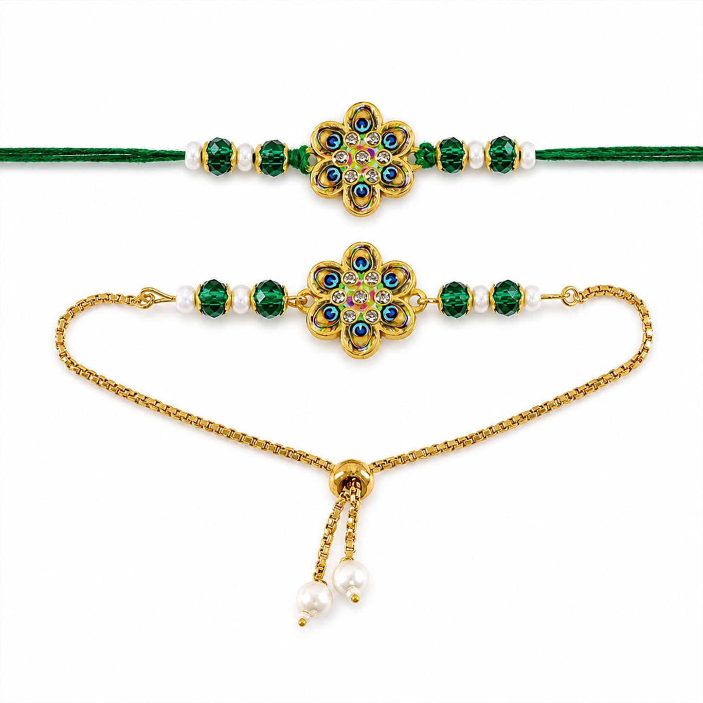 Peacock Floral Enamel Crystal Stylish Beads Bhai Bhabhi Rakhi Lumba Set