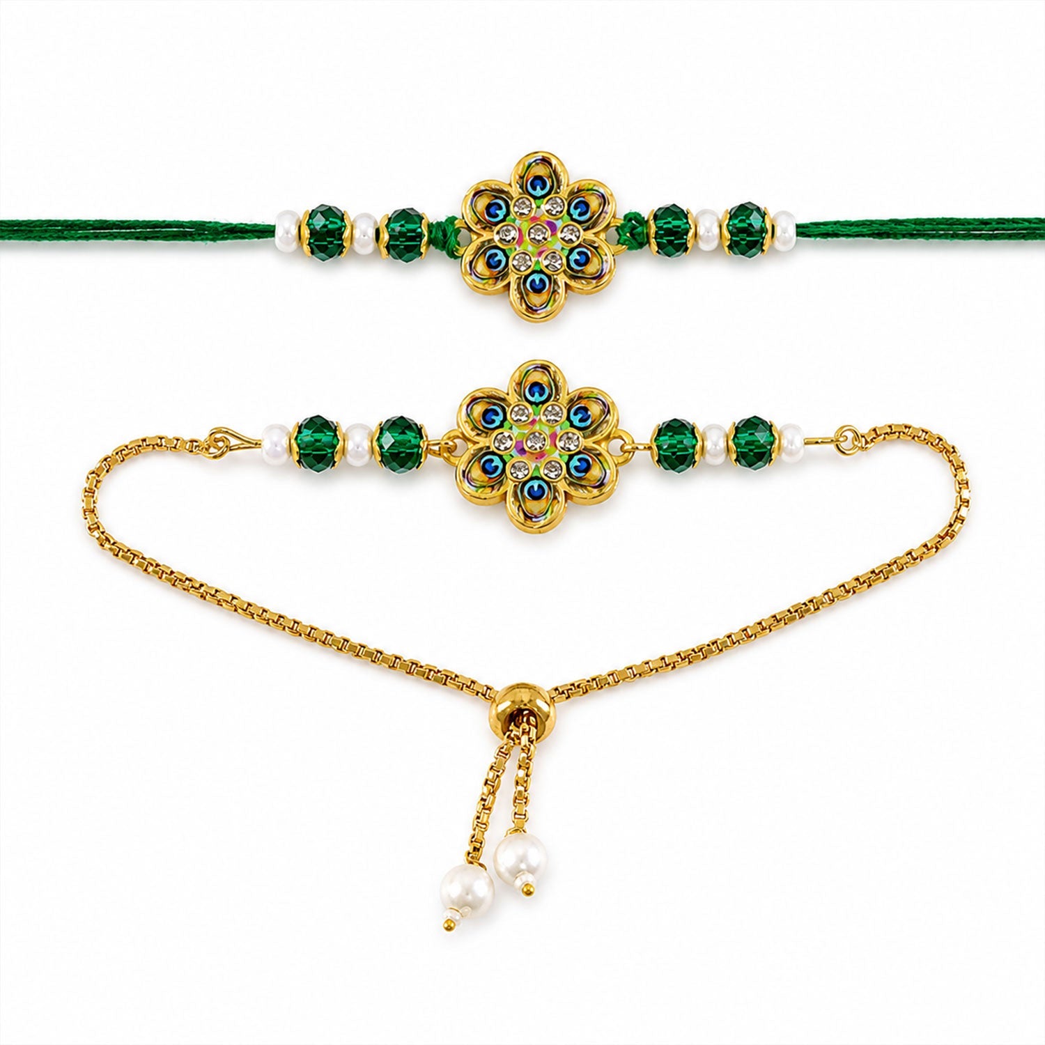 Peacock Floral Enamel Crystal Stylish Beads Bhai Bhabhi Rakhi Lumba Set