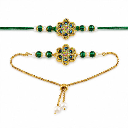 Peacock Floral Enamel Crystal Stylish Beads Bhai Bhabhi Rakhi Lumba Set