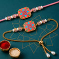 Hexagon Meenakari Kundan Crystal Pearl Beads Bhai Bhabhi Rakhi Lumba Set