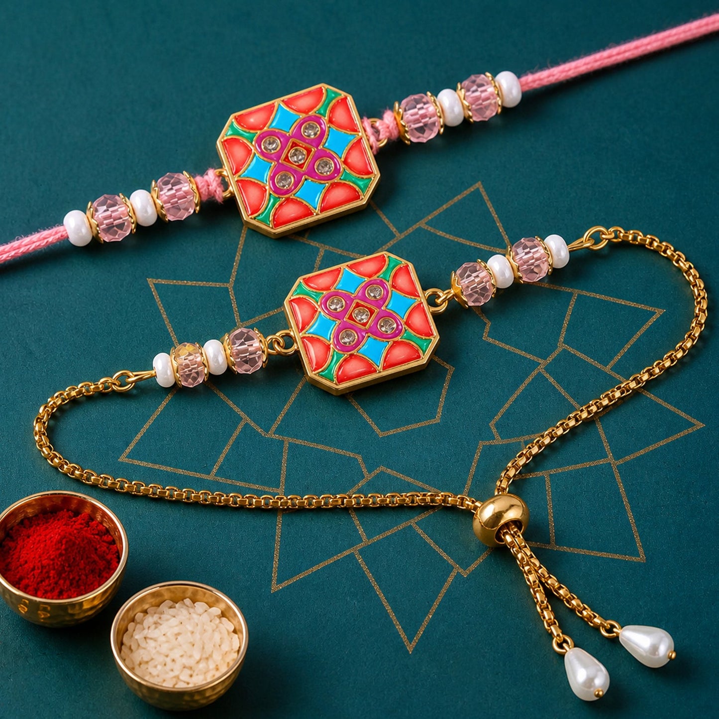 Hexagon Meenakari Kundan Crystal Pearl Beads Bhai Bhabhi Rakhi Lumba Set