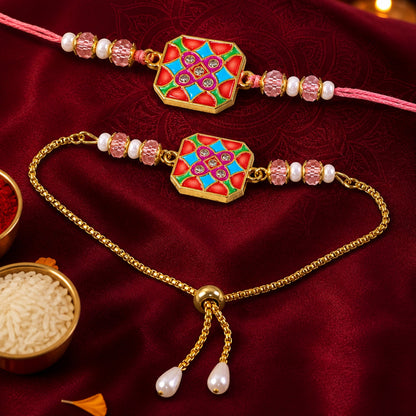 Hexagon Meenakari Kundan Crystal Pearl Beads Bhai Bhabhi Rakhi Lumba Set