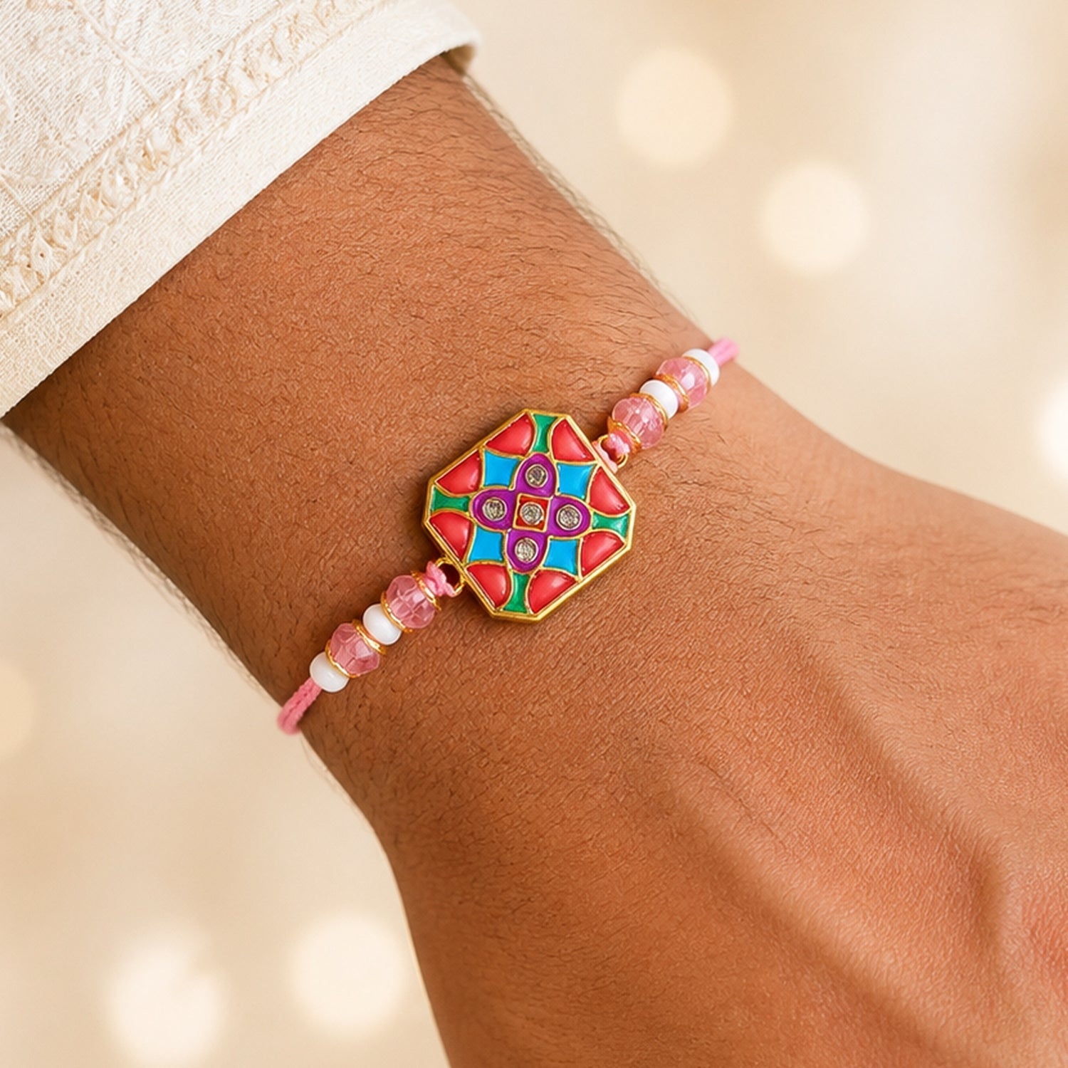 Hexagon Meenakari Kundan Crystal Pearl Beads Bhai Bhabhi Rakhi Lumba Set