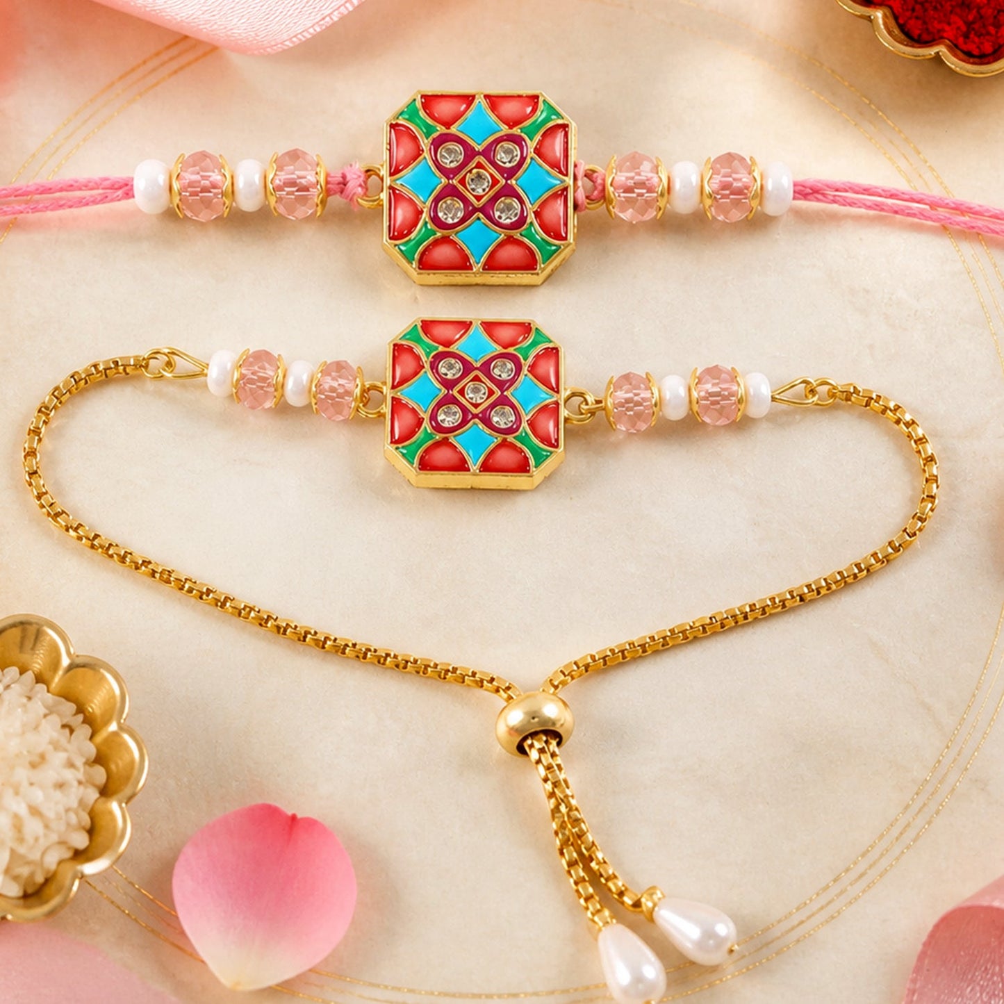 Hexagon Meenakari Kundan Crystal Pearl Beads Bhai Bhabhi Rakhi Lumba Set