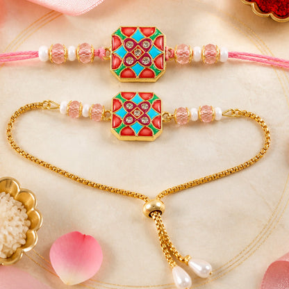 Hexagon Meenakari Kundan Crystal Pearl Beads Bhai Bhabhi Rakhi Lumba Set