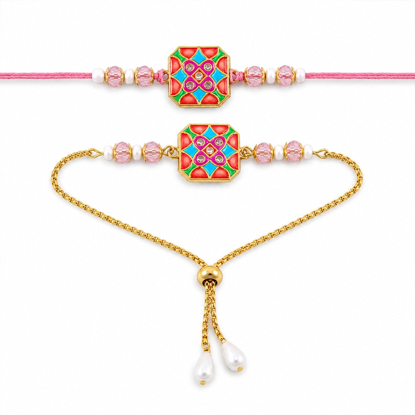 Hexagon Meenakari Kundan Crystal Pearl Beads Bhai Bhabhi Rakhi Lumba Set