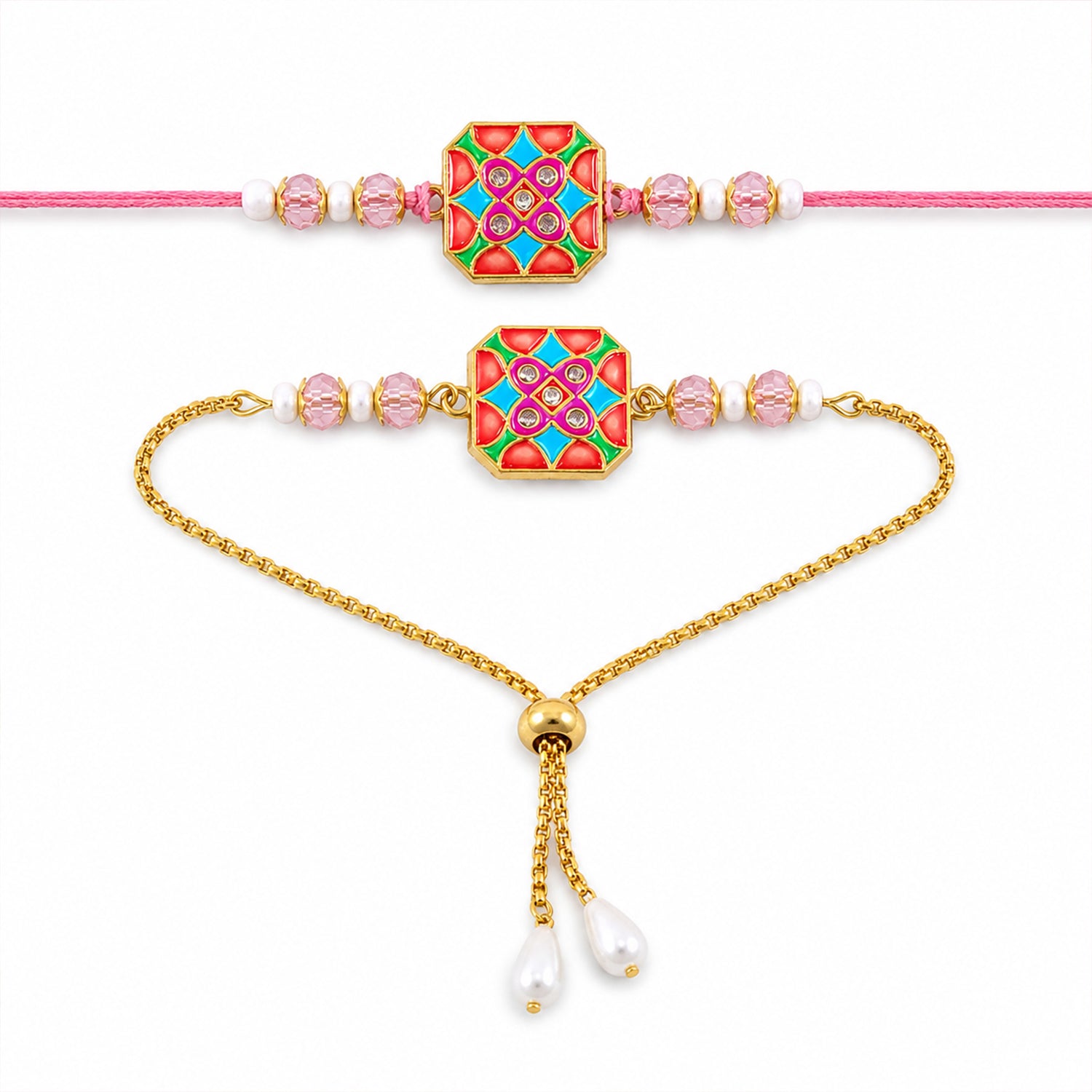 Hexagon Meenakari Kundan Crystal Pearl Beads Bhai Bhabhi Rakhi Lumba Set