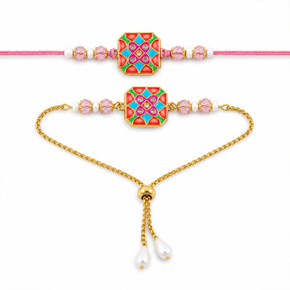 Hexagon Meenakari Kundan Crystal Pearl Beads Bhai Bhabhi Rakhi Lumba Set