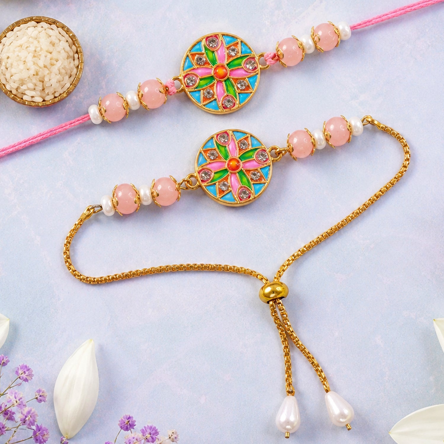 Premium Round Meenakari Kundan Crystal Pearl Beads Bhai Bhabhi Rakhi Lumba Set