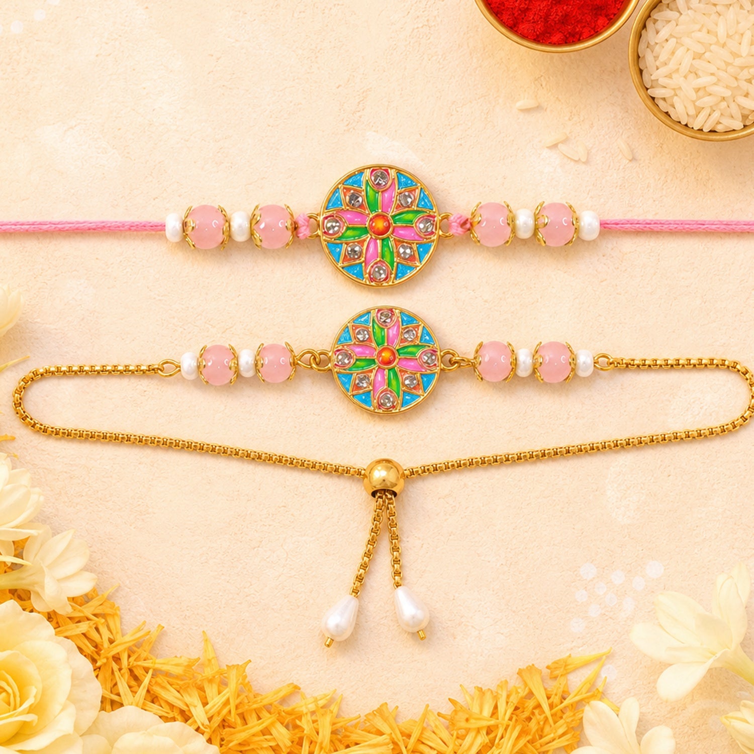 Premium Round Meenakari Kundan Crystal Pearl Beads Bhai Bhabhi Rakhi Lumba Set